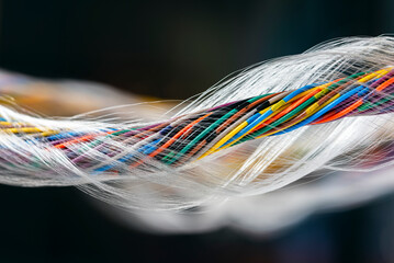 Bundle of colorful copper electrical wires used in telecommunication systems