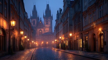 Fototapeta premium Capture the magical charm of Prague Old Town at dawn with stunning Gothic architecture, misty cobblestone streets, and cinematic 8K ultra HD details. Perfect for travel and history lovers