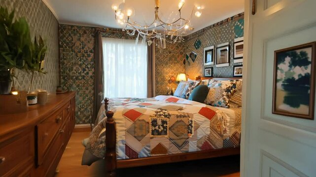 camera slowly zooms out in a cozy bedroom with walls covered in a colorful patchwork quilt, warm light from bedside lamps emphasizing textures and patterns, creating a homey feel, cozy bedroom