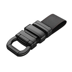 A sleek black metal keychain with a minimalist industrial design to on transparent background