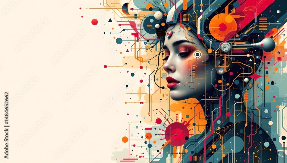 Poster woman's face adorned with colorful geometric shapes creating an abstract art expression