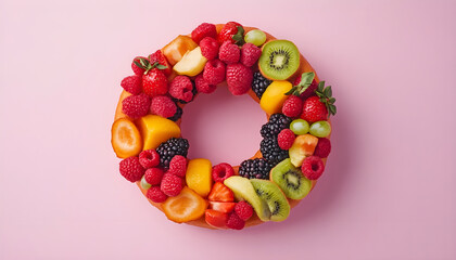 Doughnut shape made of many fresh fruits and vegetables arranged in rainbow colors