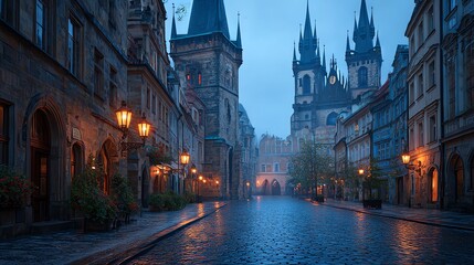 Naklejka premium Capture the magical charm of Prague Old Town at dawn with stunning Gothic architecture, misty cobblestone streets, and cinematic 8K ultra HD details. Perfect for travel and history lovers