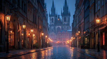Fototapeta premium Capture the magical charm of Prague Old Town at dawn with stunning Gothic architecture, misty cobblestone streets, and cinematic 8K ultra HD details. Perfect for travel and history lovers