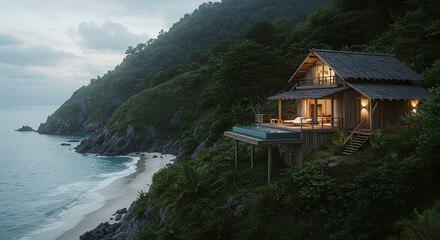 Rustic luxury villa on elevated terrain, patchy forest covering slopes, remote untouched white beach below, warm ambient light