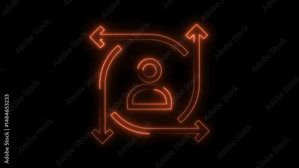 Poster glowing neon user icon rotating with arrow directions on a black background animation