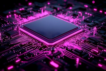 Obraz premium A close-up shot of a glowing pink processor chip on a circuit board