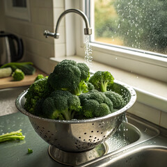 Broccoli heads stacked in a metal colander beside a cutting board.