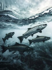 Fototapeta premium Four salmon, speckled with spots, swim together in a dynamic underwater scene, with the largest leading the way and others following closely behind.