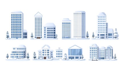 Obraz premium A collection of eight snowy cityscape buildings
