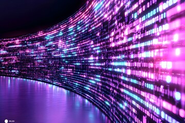 A curved wall of glowing binary code in shades of pink and blue, reflecting on a glossy floor