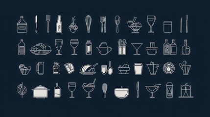Comprehensive set of illustrated icons depicting a wide variety of kitchen tools cooking appliances tableware and other culinary equipment
