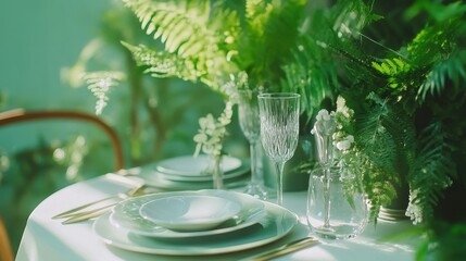 Wedding Green. Elegant Place Setting with Glassware and Botanical Accents