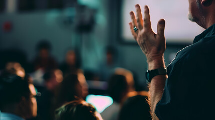 Man gesturing with hand during presentation to audience in a dimly lit room with projector screen