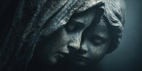 Contemplative Stone Sculpture: A poignant depiction of two figures, carved from stone, lost in quiet contemplation, evokes a sense of peace and introspection. The figures, possibly mother and child.