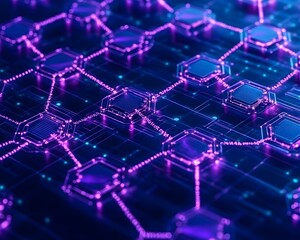 Obraz premium A futuristic, abstract digital network with glowing pink lines connecting hexagonal nodes on a dark blue background