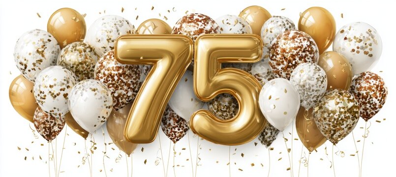 Golden Number 75 Balloons With Confetti For 75th Birthday Ceremony On White Background