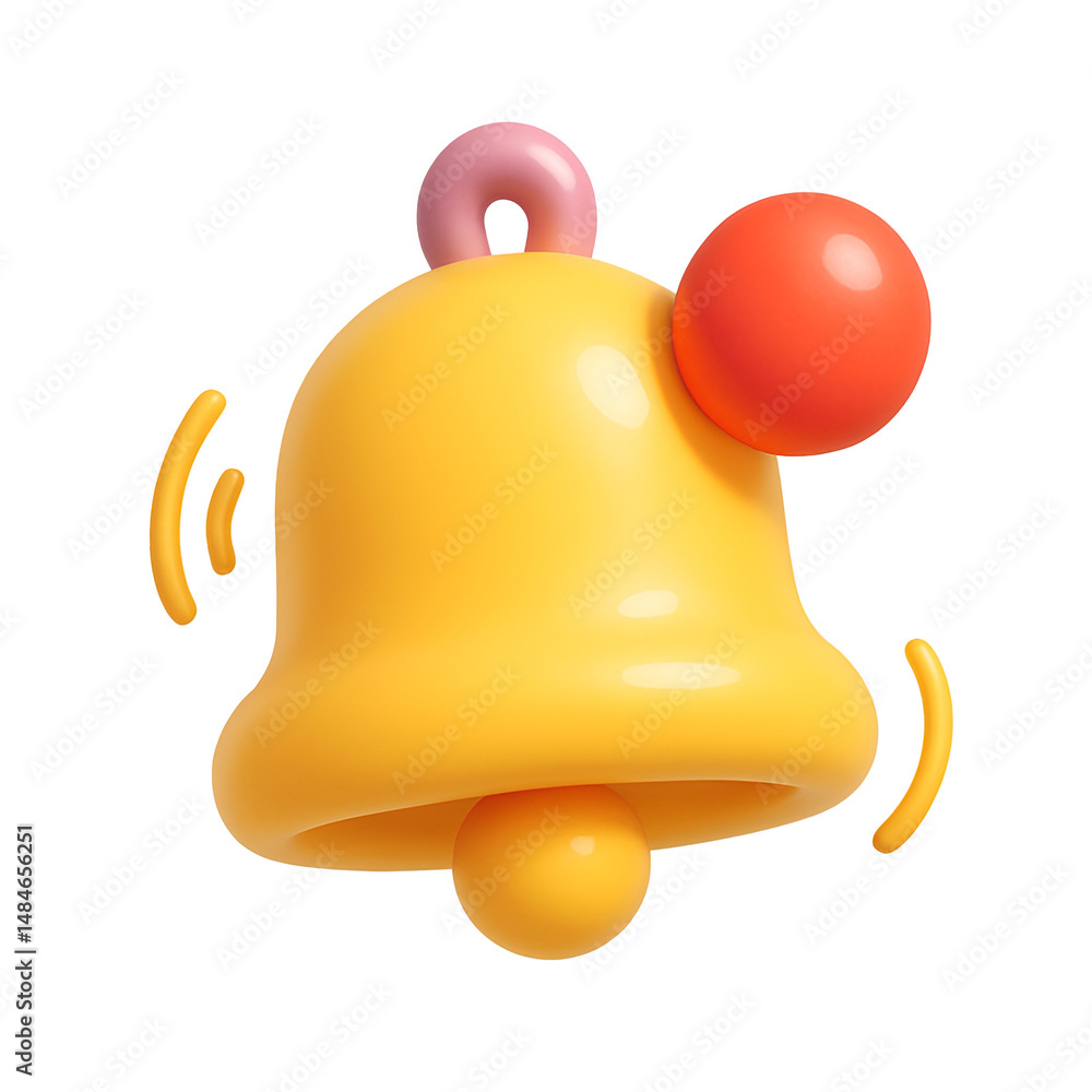Poster 3d yellow bell icon with red alert dot and motion lines, symbolizing notifications, reminders, or al