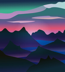 Mountain panorama with pink sky and clouds in ethereal landscape. Vector illustration