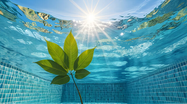 Green leaf tree floating underwater in swimming pool in daty time with sun light flare with clear transparent blue water and mosaic wall pattern background in real photography close up shot