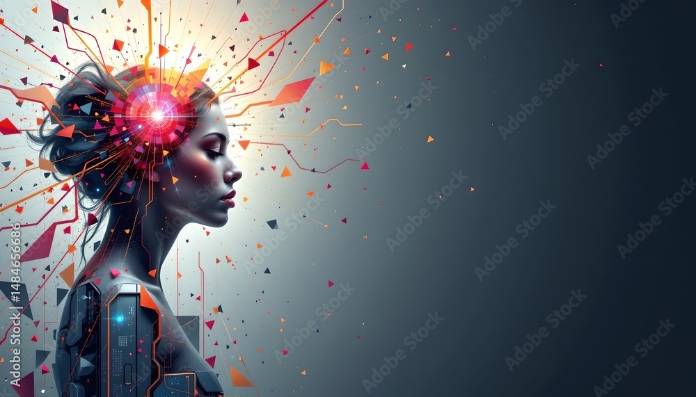 Poster a woman with an exploding head representing abstract concepts of chaos and creativity