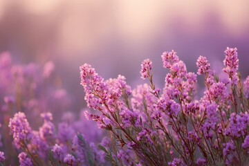 Obraz premium Lavender flowers bloom in a soft golden light during the early morning hours in a serene garden