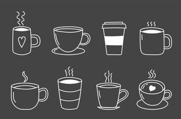 Hand drawn hot coffee or tea cups, drinks doodles, dark background, vector eps10 illustration