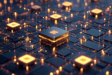 A glowing central processor chip sits on a dense circuit board, surrounded by smaller chips and connected by intricate wiring