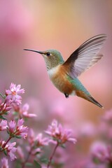 Colorful hummingbird hovering near blooming pink flowers in a serene garden scene during spring