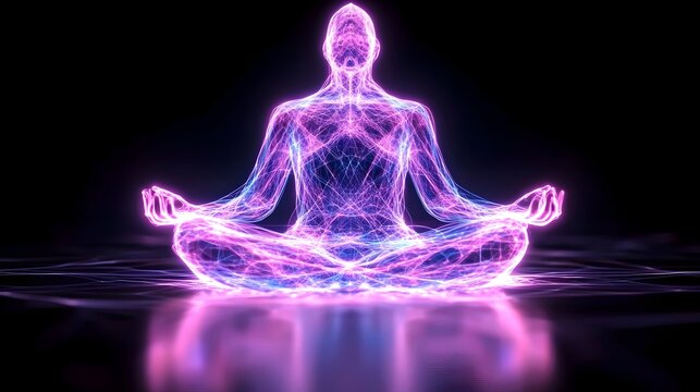 A glowing, ethereal figure in a meditative pose, radiating with purple and blue light