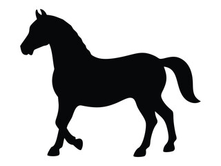Set of silhouette of horses. Isolated black silhouette of galloping, jumping running, trotting, rearing horse on white background. Side view.