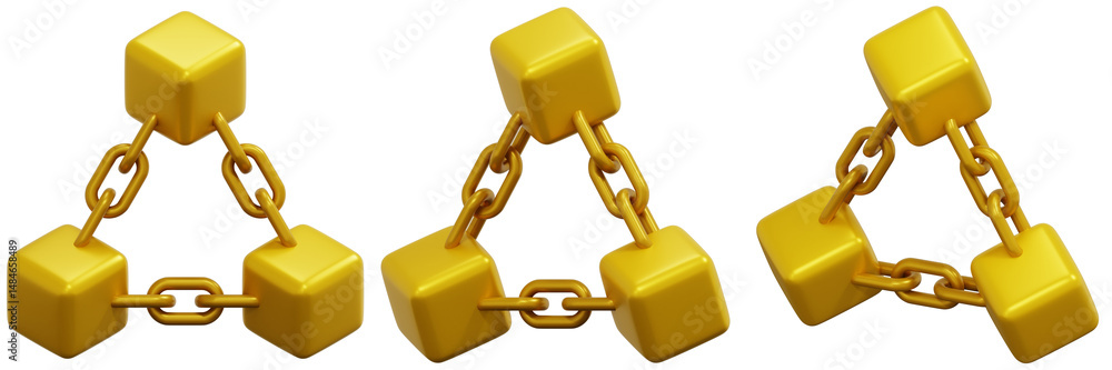 Poster set of golden cubes connected by a chain forming a triangle 3d render icon illustration