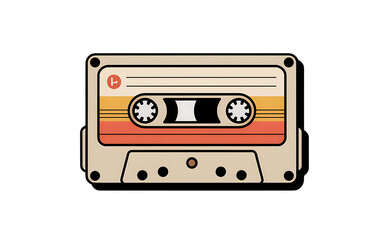 Obraz premium Flat-style retro illustration of a vintage cassette tape with visible spools and tape ribbon on white background in PNG format
