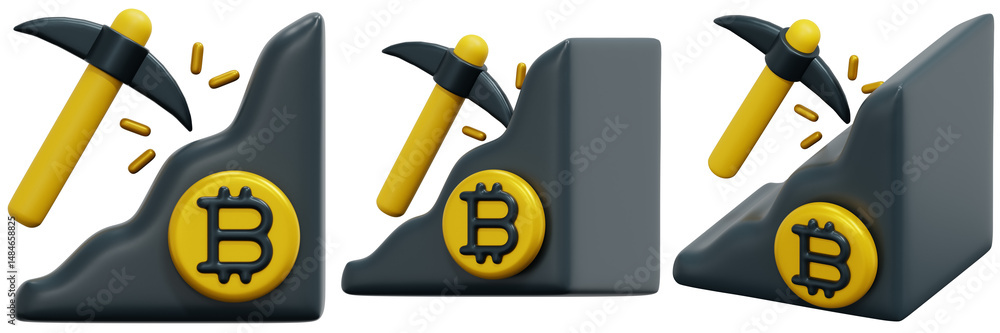 Poster set of 3d rendering of bitcoin mining pickaxe striking dark gray rock revealing gold bitcoin coin 3d
