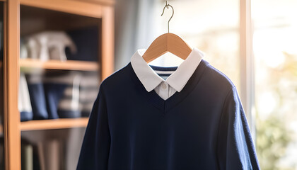Shirt and jumper on hanger indoors. School uniform