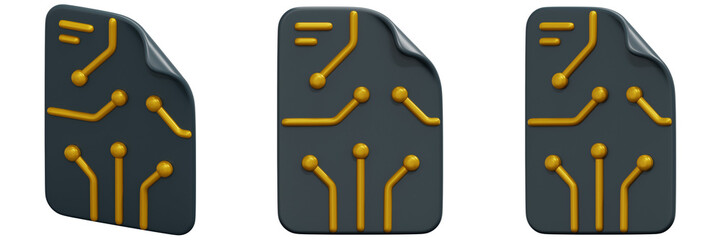 Set of Dark Gray Stickers with Gold Circuit Board Pattern 3d Render Icon Illustration