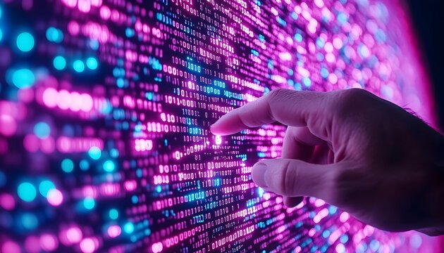 A hand reaches out to touch a glowing screen filled with binary code, the light reflecting off the fingertips