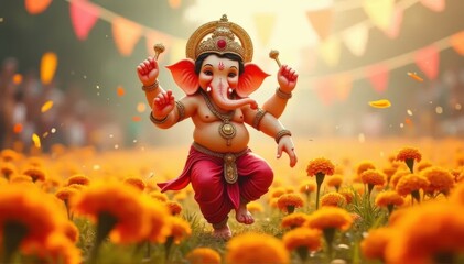 Fototapeta premium Lord Ganesha in Festive Setting with Marigold Flowers