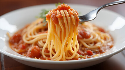 spaghetti with tomato sauce on fork