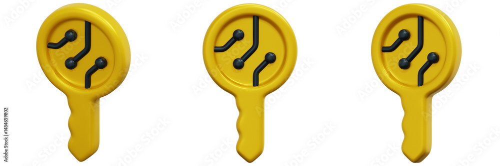 Poster set of yellow keys with circuit board design 3d render icon illustration