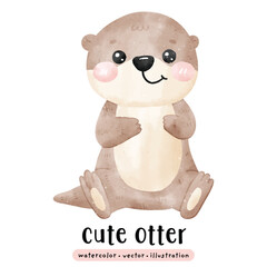 Cute kawaii otter and fish in watercolor vector illustration