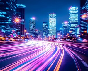 Fototapeta premium A long exposure shot of a city street at night, with streaks of light from moving cars