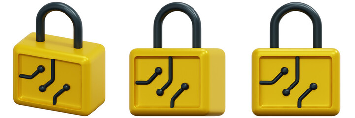 Set of Yellow Padlocks with Black Circuitry Designs 3d Render Icon Illustration