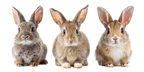 Studio portrait of cute rabbit isolated on transparent png background, happy bunny running on floor, adorable fluffy rabbit that sniffing isolated on white background