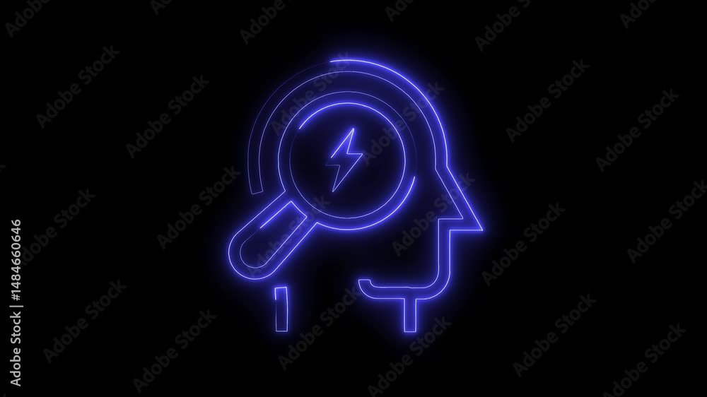 Poster neon silhouette animation of brainstorming process concept with magnifying glass and lightening in a