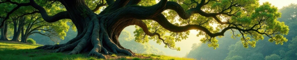 Fototapeta premium Ancient oak tree, gnarled branches reaching skyward, growth, forest
