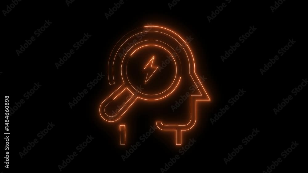 Poster neon concept of problem solving process with magnifying glass and lightening on black background