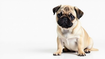 Fototapeta premium Adorable pug dog sitting, isolated on white background, dog breed, domestic
