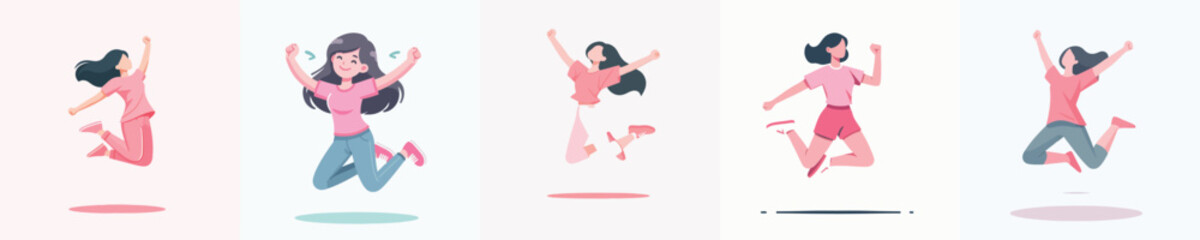 Vector illustration of a woman in pink dress very happy and jumping.