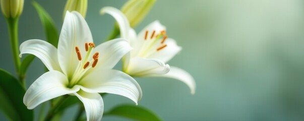 Fototapeta premium Close-up of pristine white lilies, soft focus background, peaceful, background, lily bloom